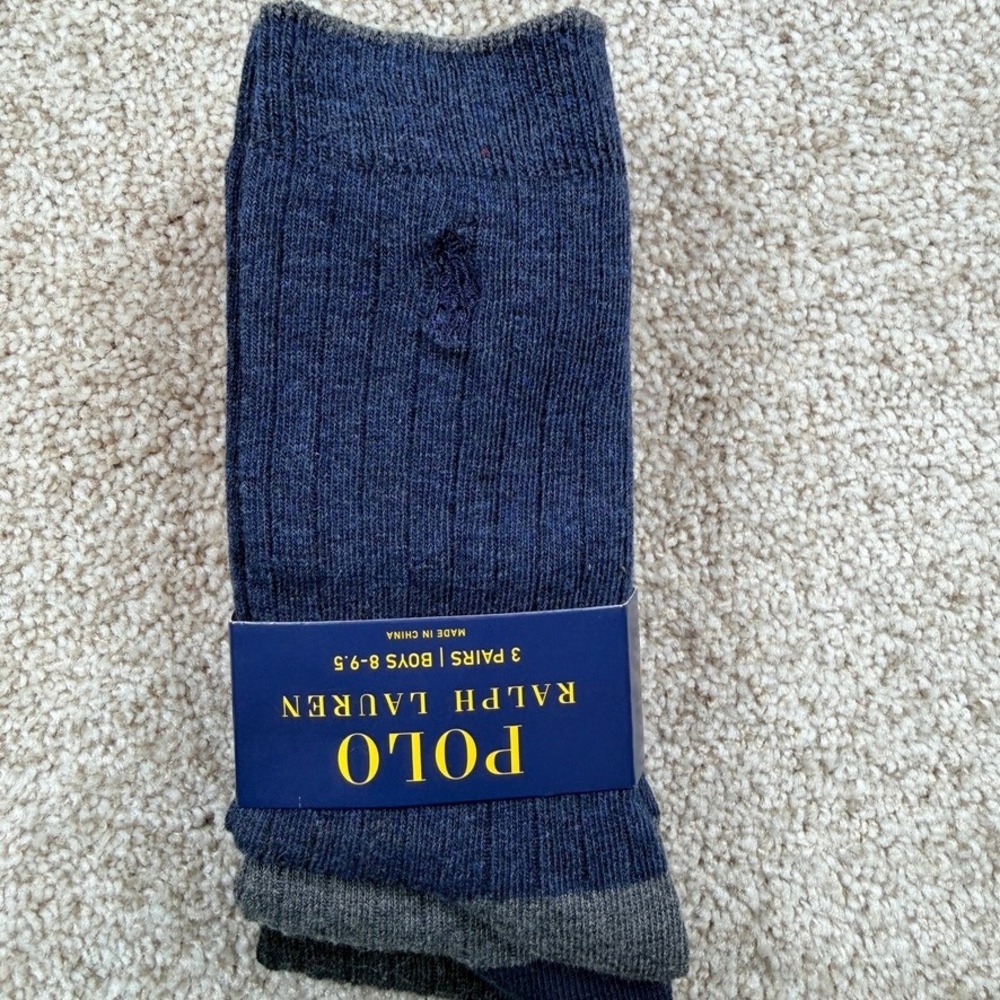 Polo Ralph Lauren Boys 3 Pack Ribbed Crew Socks Navy Gray Charcoal Size 8-9.5
